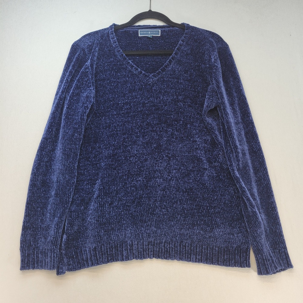 Karen Scott Chenille Sweater Womens XL Blue V-Neck Long Sleeve Pullover